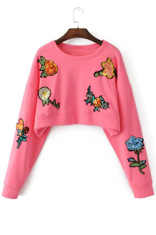 

New Arrival Cropped Embroidery Floral Sequined Pullover Sweatshirt, Pink