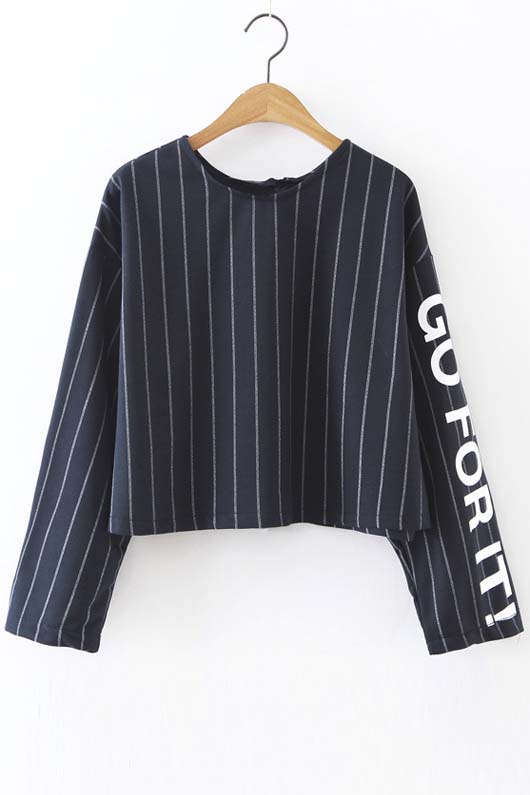 

Tie Back Letter Print Striped Round Neck Shirt, Blue