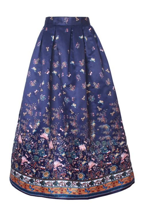 

Floral Printed OL Maxi Skirt for Women High Waist, Blue