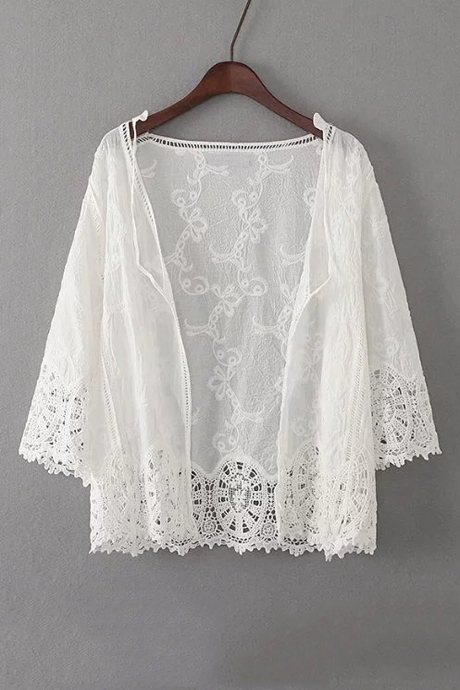 

Women's Fashion 3/4 Sleeve Lace Hollow Out Open Front Kimono Coat, White