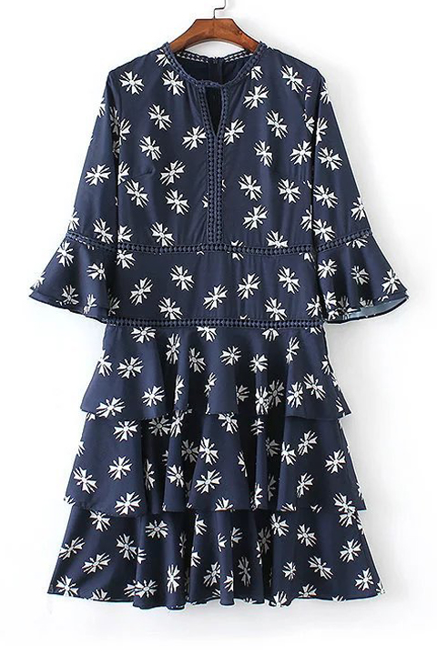 

Ruffle Layered Hem Bell 3/4 Length Sleeve Snowflake Printed Zip-back, Navy