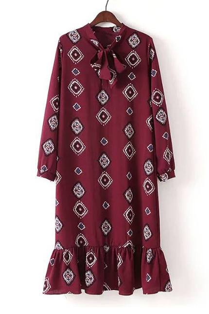 

New Arrival Bow Tie Long Sleeve Geometrical Printed Fishtail Trim Midi, Burgundy