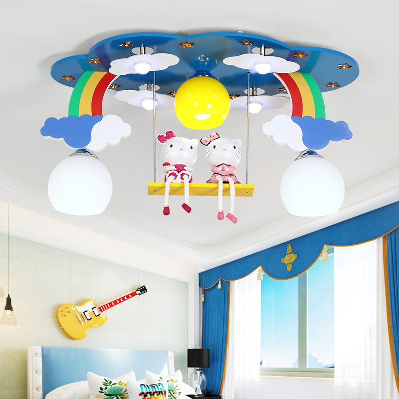 Triple Glass Shade Flush Mount With Cartoon Cat Blue Pink Ceiling