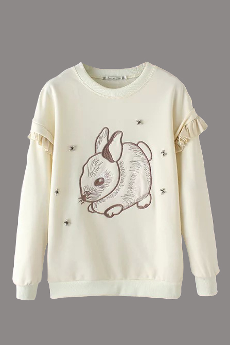 

Rabbit Embroidery Ruffle Detail Round Neck Sweatshirt, White