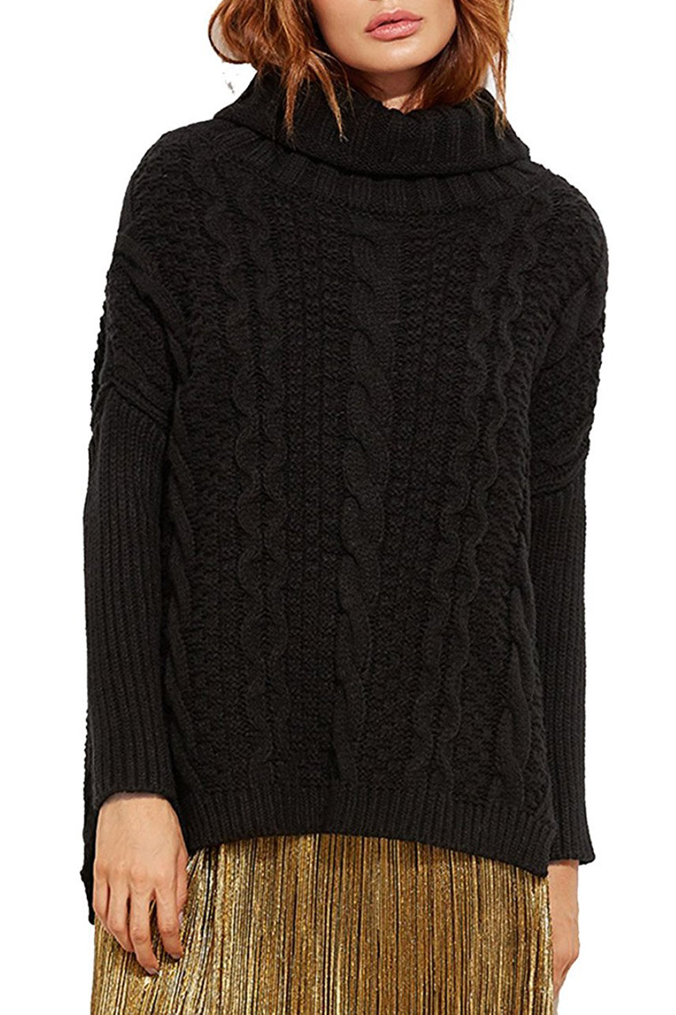 

Women's Turtleneck Chunky Cable Knit Long Sleeve Sweater, Black