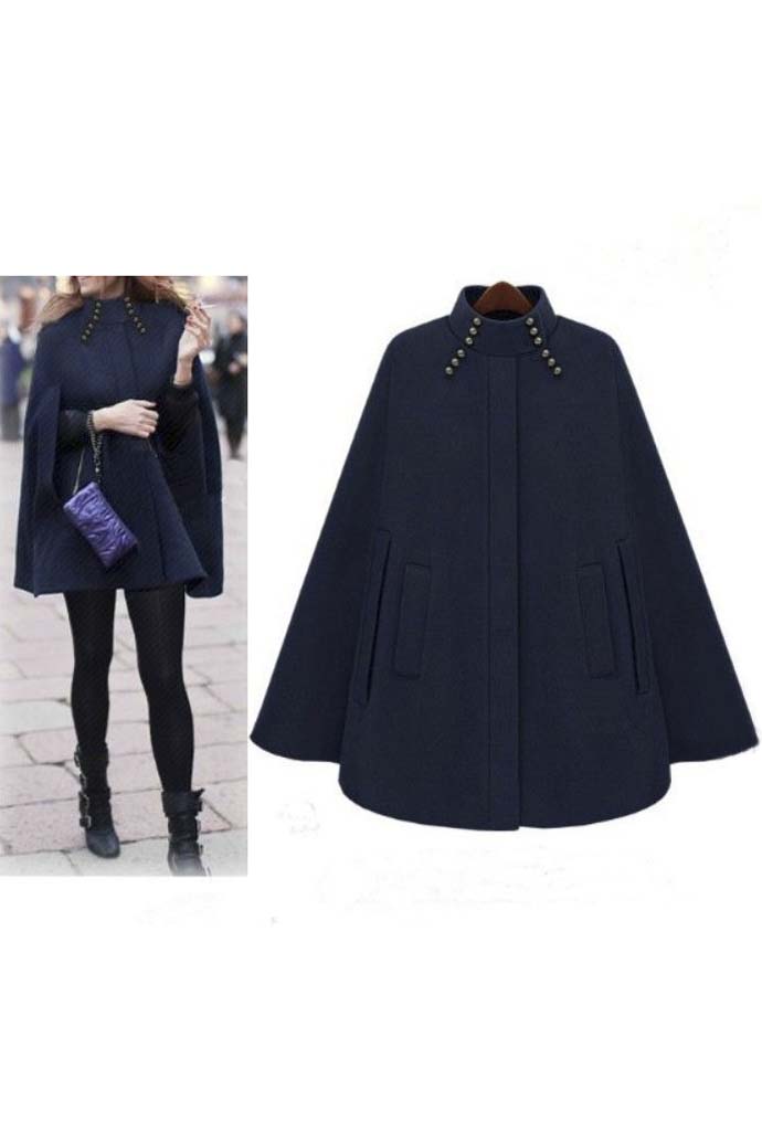 

Women's Button Closure Asymmetrical Hem Black Cloak Coat Cape, Navy