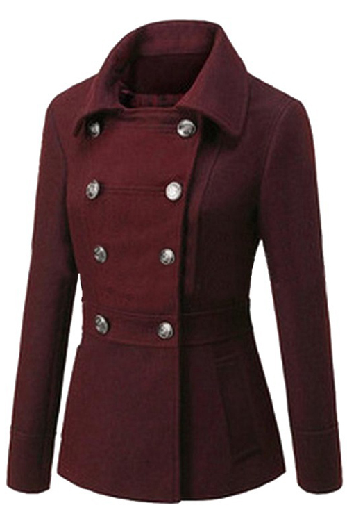 

Women's Double Breasted Lapel Collar Long Sleeve Plain Woolen Coat, Burgundy