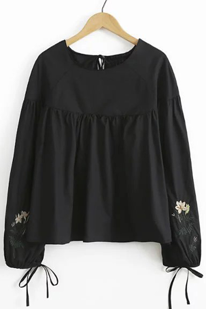 

Embroidery Floral Pattern Round Neck Tied Cuffs Blouse, Black