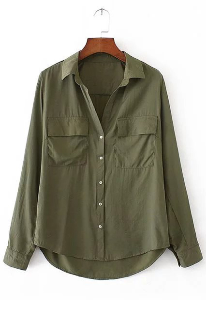 

Women's High Low Hem Single Breasted Long Sleeve Lapel Plain Shirt, Green