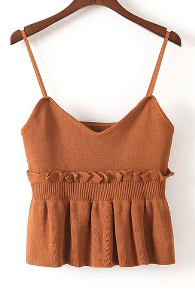 

Sexy Ruffle Spaghetti Straps Sleeveless Plain Cropped Sweater, Khaki