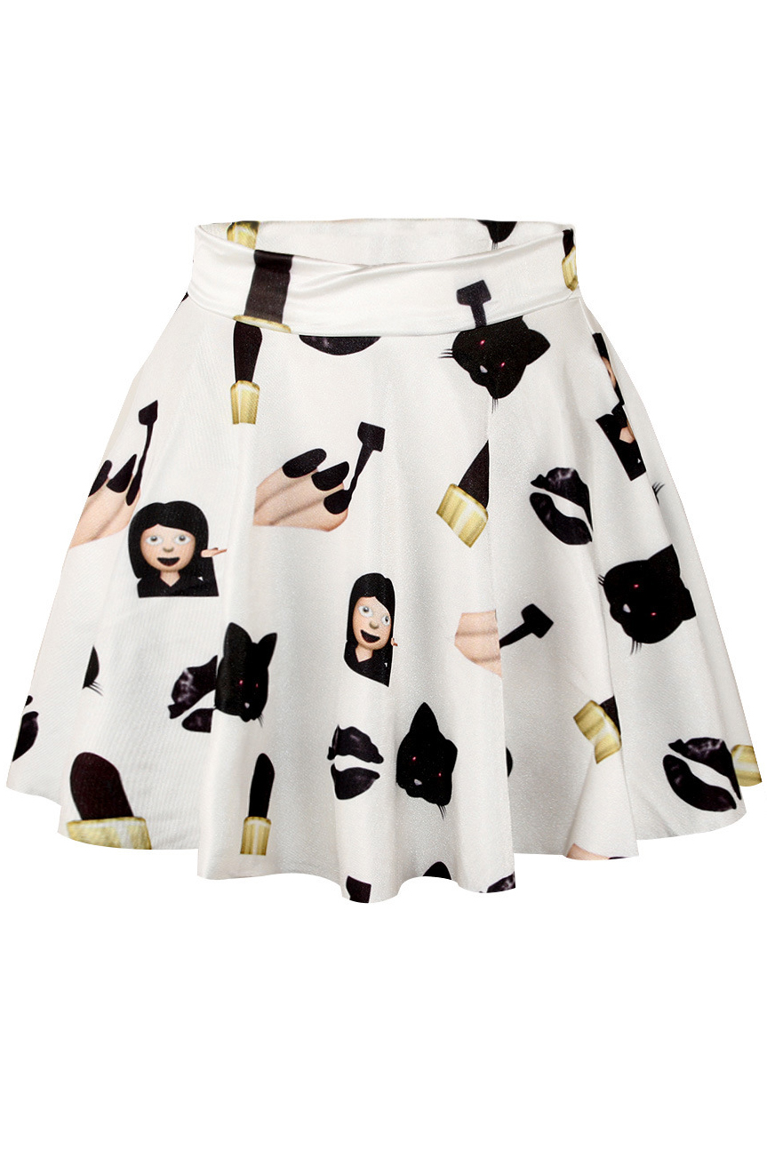 

White Emoji Print Elastic Waist Mini Flared Skirt