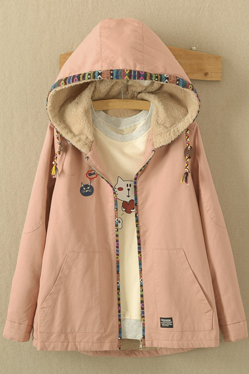 

New Arrival Contrast Trim Drawstring Hooded Fleece Coat with Pocket, Pink