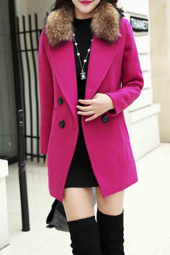 

Women Double Breasted Fur Collar Lapel Neck Winter Coat, Rose red