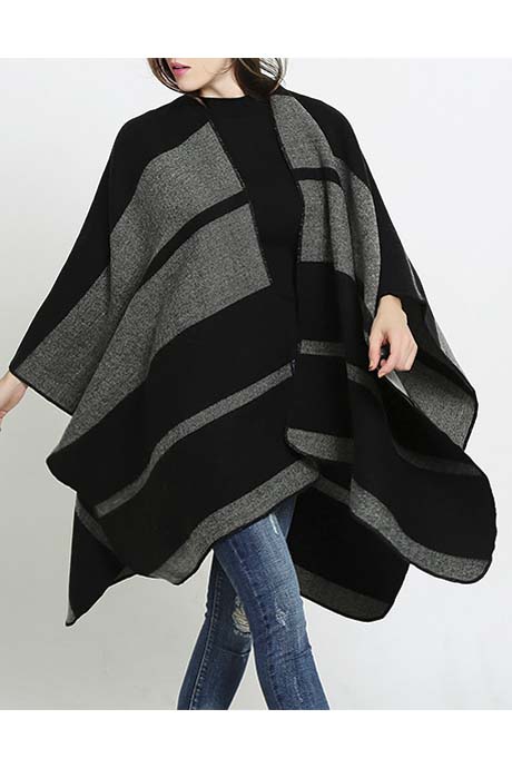 

Fashion Striped Color Block Asymmetric Hem Open Front Cape, Red