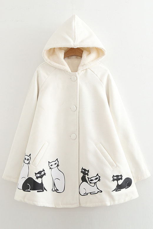 

Women's Cat Print Long Sleeve Hooded Single Breasted Cape Coat, White