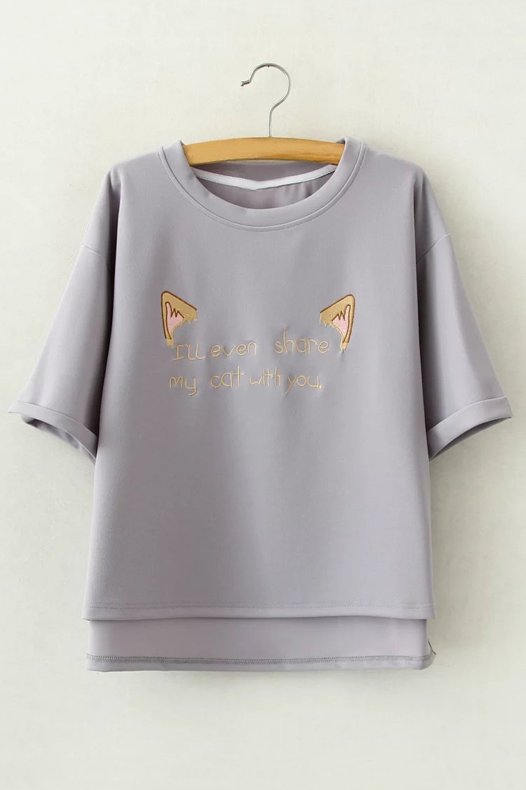 

Lovely High Low Trim Embroidery Letter Cat Ears Pattern Short Sleeve, Gray