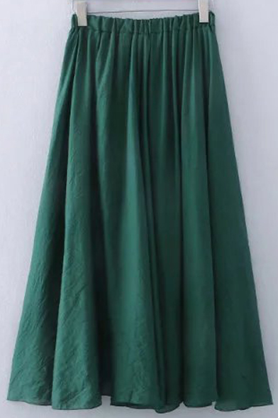 

Plain High Rise Elastic Waist A-Line Flared Pleated Midi Skirt, Green