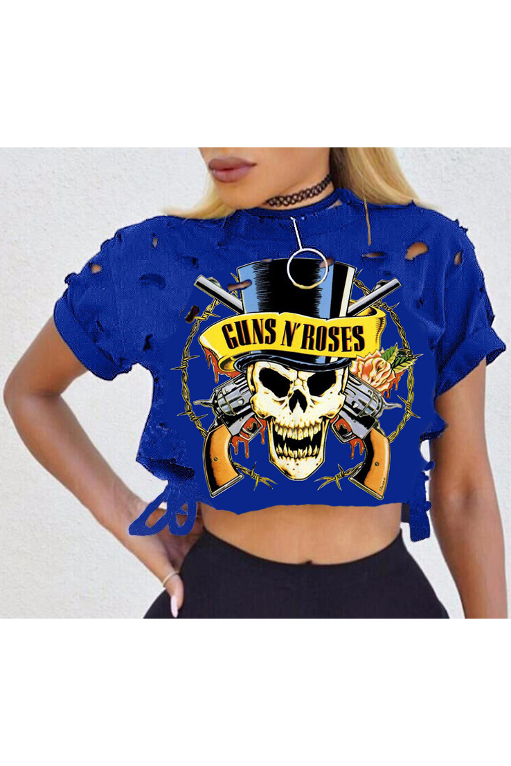 

New Arrival Round Neck Short Sleeve Cut Out Skull Printed Cropped, Blue