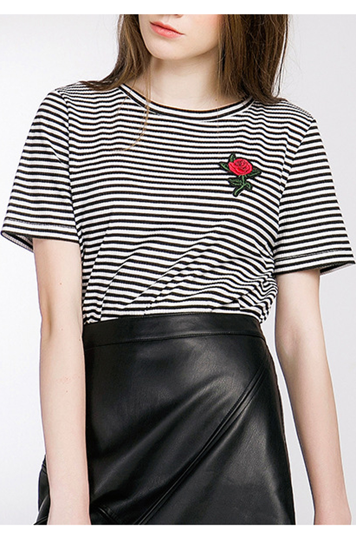 

Fashion Striped Color Block Embroidery Floral Pattern Short Sleeve, Black