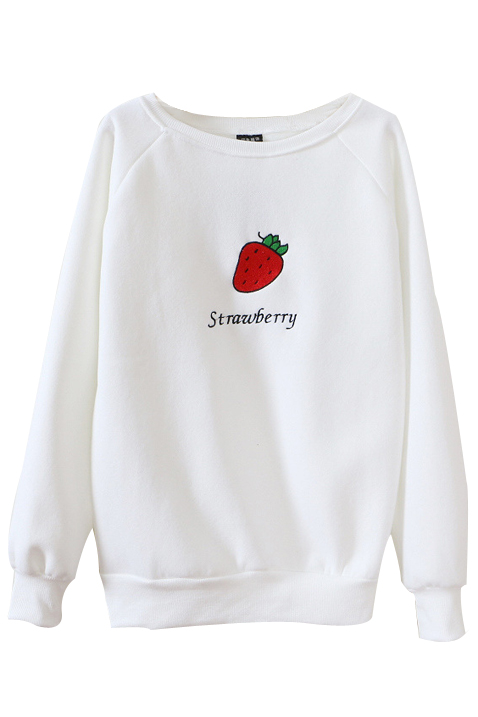

Strawberry Print Round Neck Long Sleeve Sweatshirt, Green