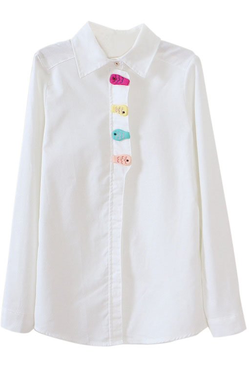 

Lapel Button Down Long Sleeve Patchwork White Shirt