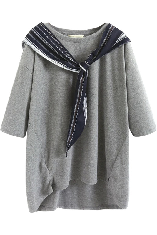 

Round Neck 3/4 Length Sleeve Scarf Patchwork Dip Hem Tunic Tee, Gray