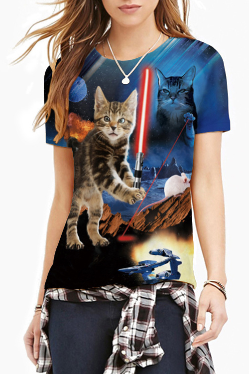 

Colorful 3D Cat Print Round Neck Short Sleeve Tee, Blue