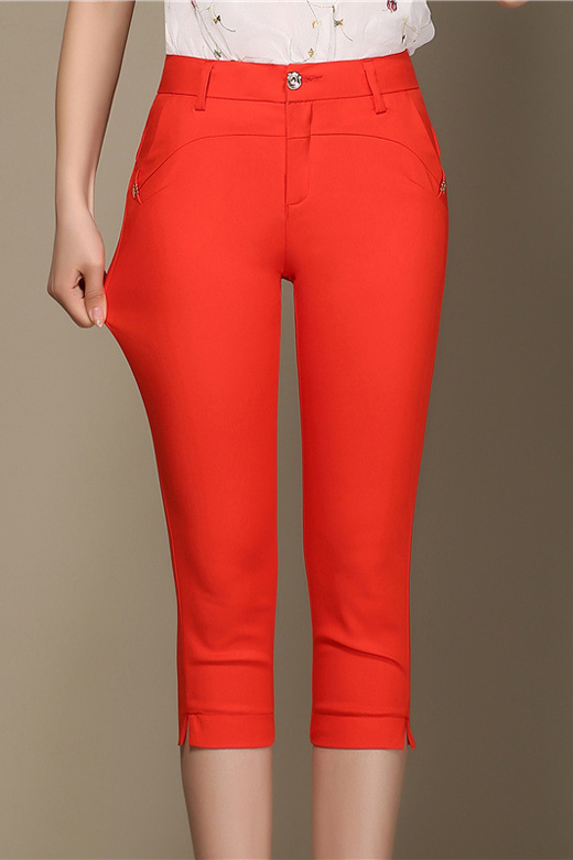 

Women's High Waist Zip Fly Casual Solid Color Capri Pants, Orange