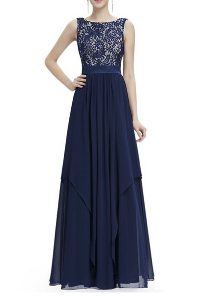 

Chic Elegant Lace Chiffon Patchwork Sleeveless Maxi Party Dress, Blue