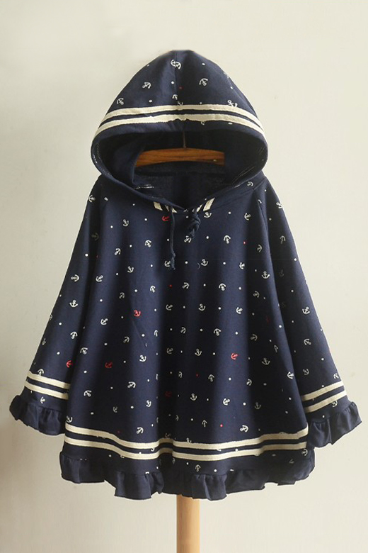 

Lovely Boat Hook Printed Striped Ruffle Trim Drawstring Hooded Cape, Navy