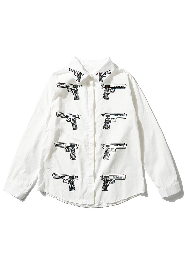 

Lapel Collar Long Sleeve Printed Buttons Down Street Style Leisure, White