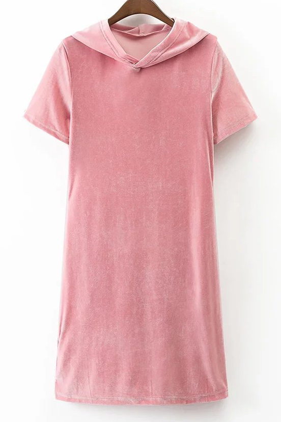 

Simple Casual Hooded Short Sleeve Plain Mini Hoodie Dress, Pink