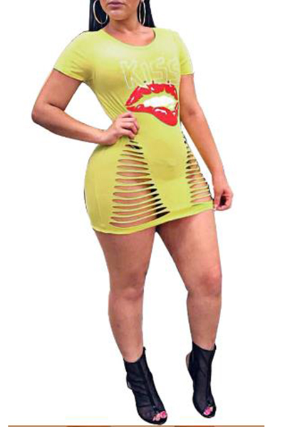 Cool Yellow Kiss Lip Printed Sexy Hollow Out Short Sleeve Mini Bodycon T Shirt Dress Beautifulhalo Com