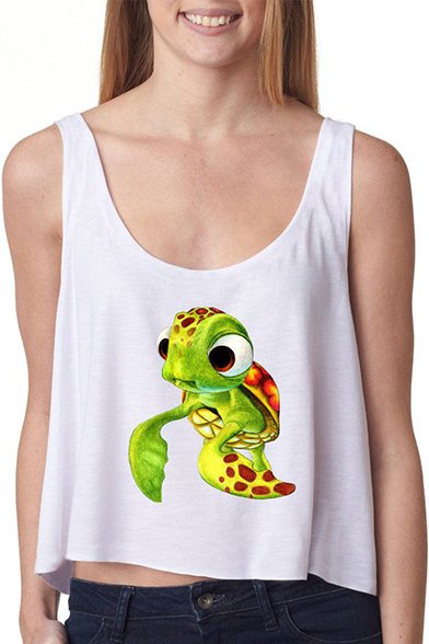 

White Sleeveless Tortoise Print Loose Crop Tank