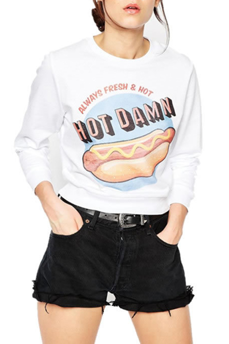 

White Hot Dog Print Round Neck Long Sleeve Sweatshirt