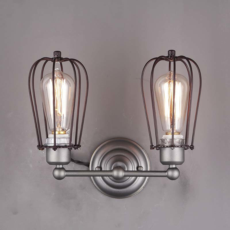 

Satin Nickel 2 Light Double Wall Sconce with Metal Cage