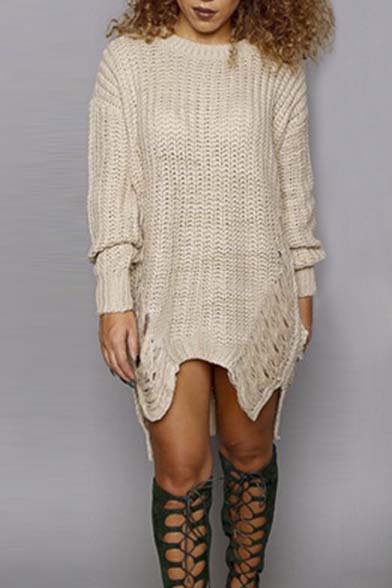 

New Arrival Fashionable Round Neck Long Sleeve Dip Hem Sweater Dress, Beige