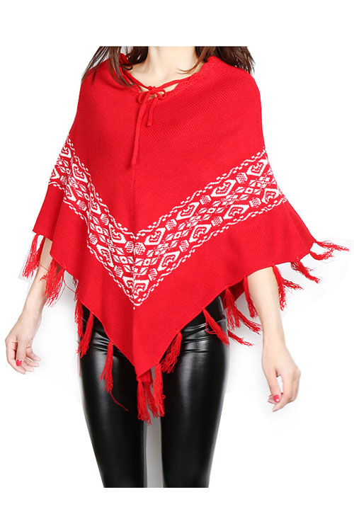 

Ethnic Style Batwing Sleeve Tassel Hem Women's Cape Coat, Red