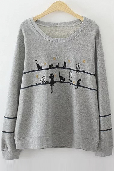 

Women's Cute Cat Print Round Neck Long Sleeve Casual Basic Sweatshirt, Gray