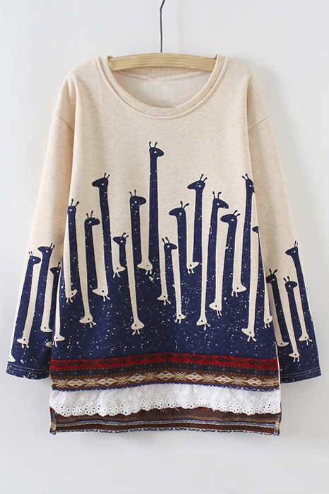 

Lovely Animal Printed Lace Patchwork Trim Color Block Pullover, Beige