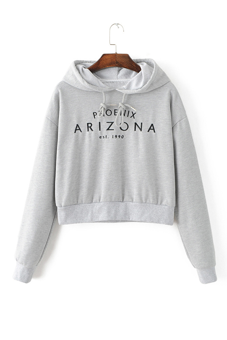 

Drawstring Hooded Embroidery Letter Long Sleeve Hoodie Sweatshirt, Gray
