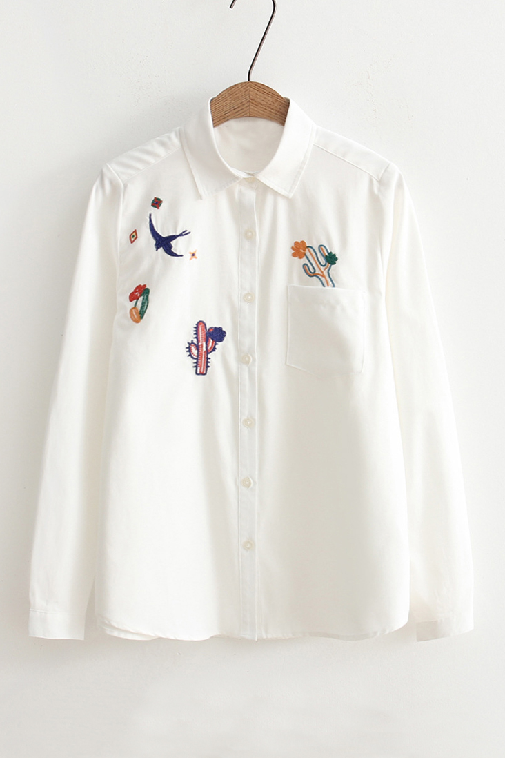 

Women's Lapel Collar Long Sleeve Cactus Embroidery Buttons Down Casual, White