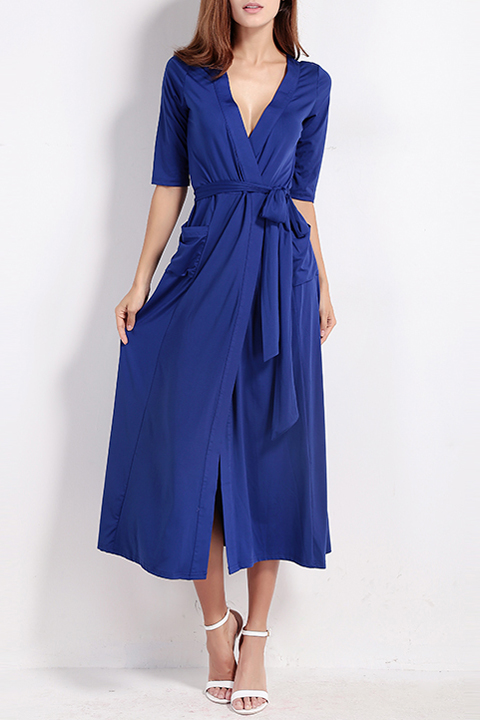 

Sexy Plunge V-Neck Half Sleeve Wrap Split Front Belt Waist Plain Maxi, Blue