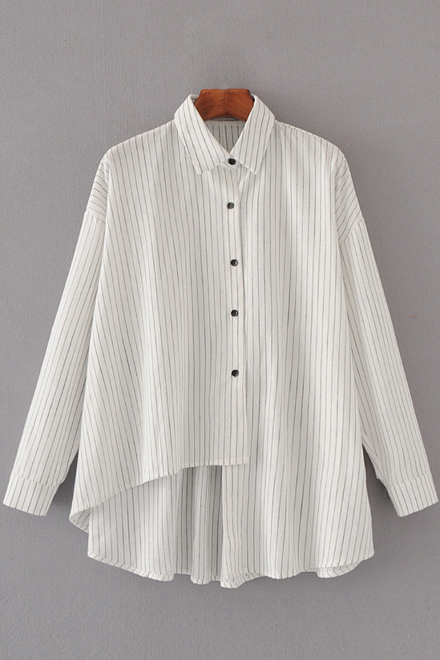 

New Stylish Single Breasted Asymmetric Hem Striped Shirt, White