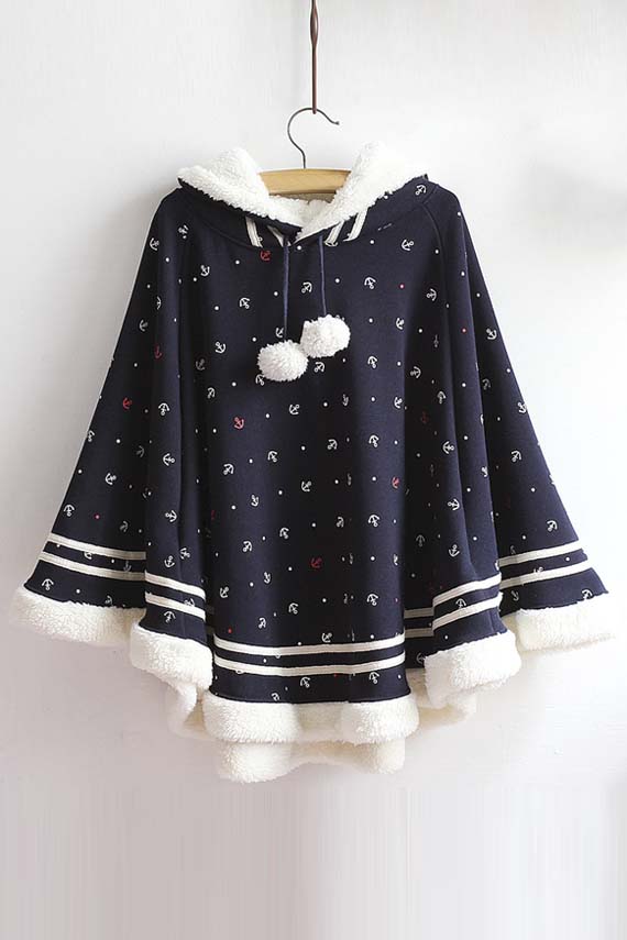 

New Hooded Boat Anchor Print Striped Contrast Hem Woolen Cape, Navy