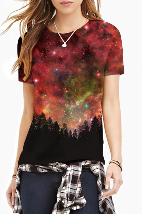 

Women's Fashion Galaxy Print Round Neck Short Sleeve Basic T-Shirt, Red