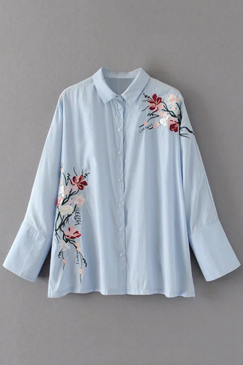 

Summer's Floral Embroidered Lapel Collar Long Sleeve Single Breasted, Blue