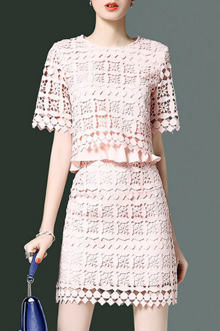 

Elegant Chic Ruffle Hem Short Sleeve Round Neck Top with Mini Skirt, Pink