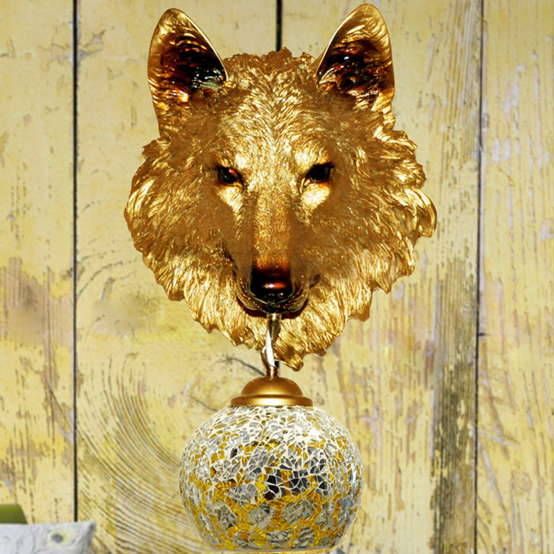 Silver Gold Wolf Head Sconce Tiffany Stylish 1 Light Stained Art Glass Wall Mount Lighting For Coffee Shop Beautifulhalo Com