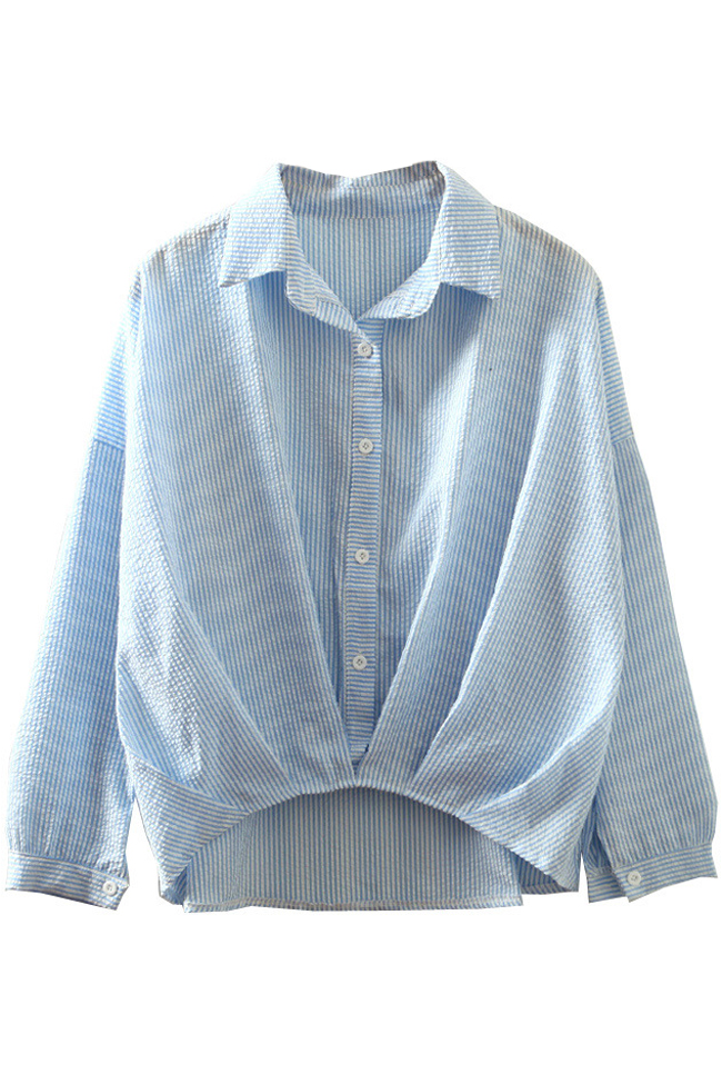 

Lapel Button Front Dip Hem Vertical Stripes Loose Shirt, Blue